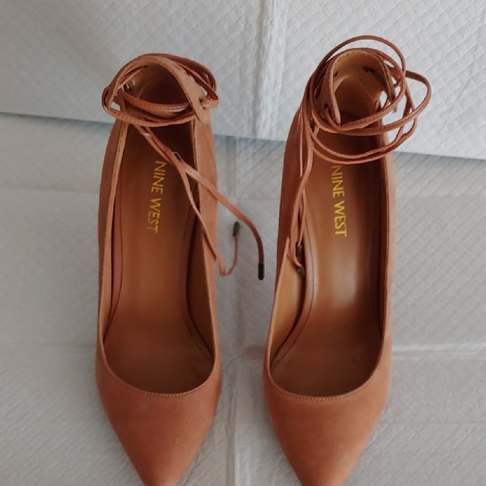 Nine West Tan Heels with Ankle Strap and Pointed Toe